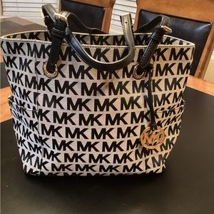 Michael Kors Logo Handbag tan fabric & black MK logo